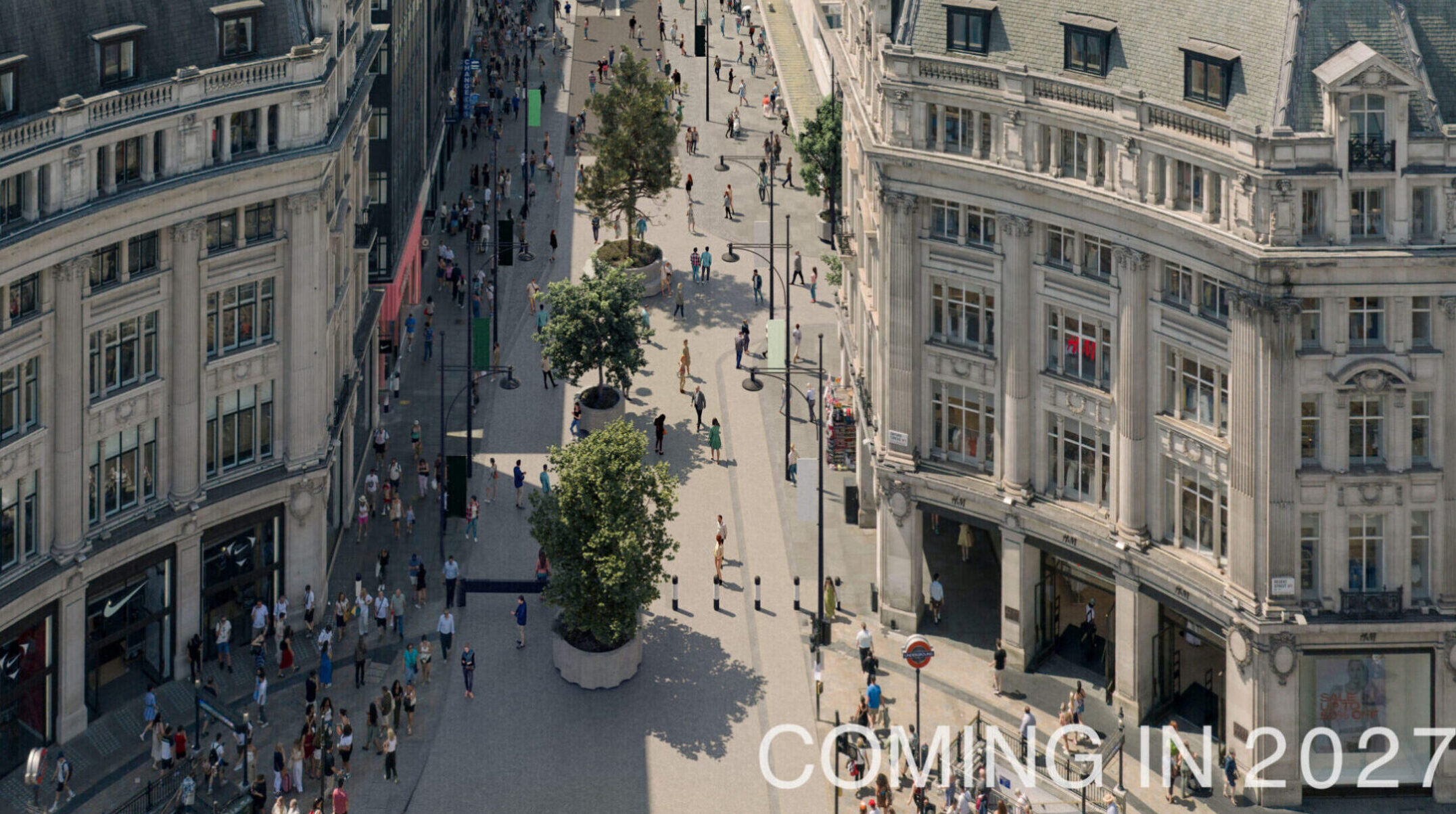 Oxford Street pedestrian design visualization showing the future streetscape